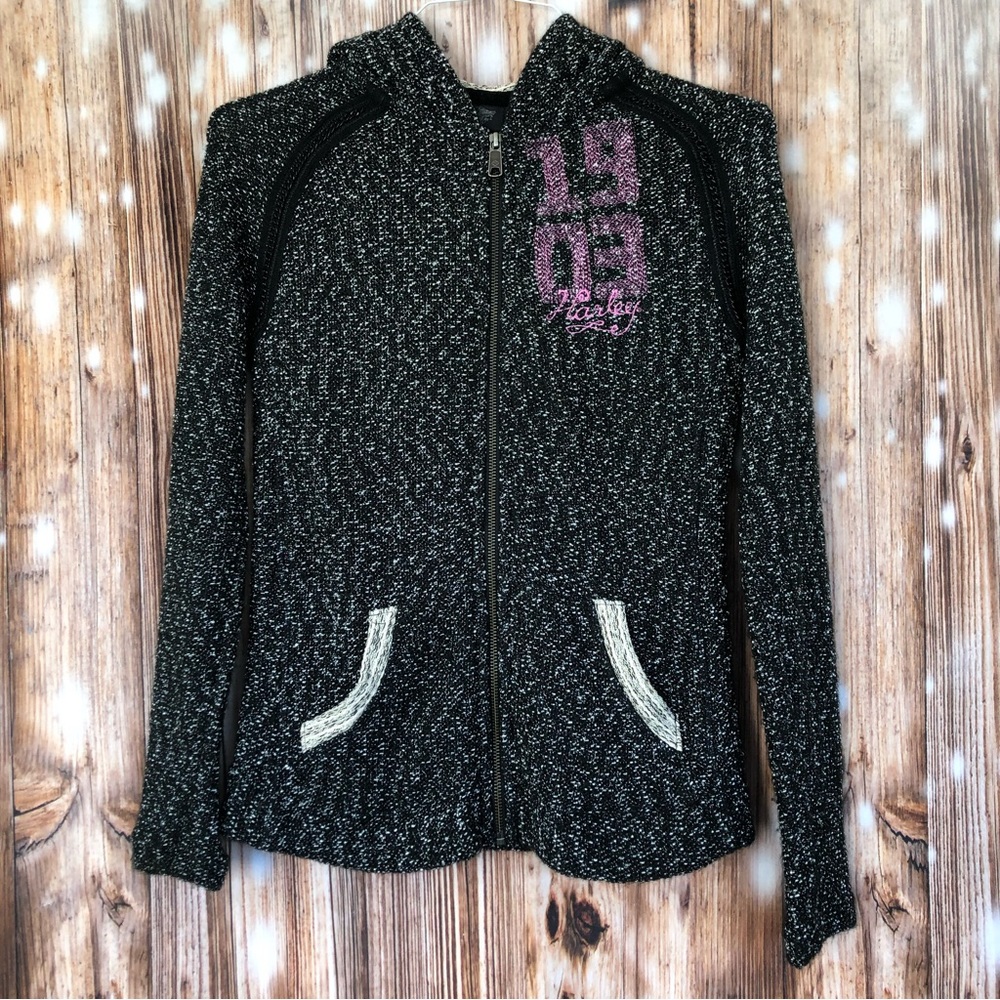 Harley Davidson Gray Marl Embroidered Flower Skull Zip Up Hoodie